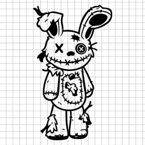 May include: A black and white illustration of a stitched-up bunny with an eerie, stitched smile and button eye. The bunny has tattered ears and limbs, giving it a spooky, Halloween-themed appearance. The design is on a grid background.