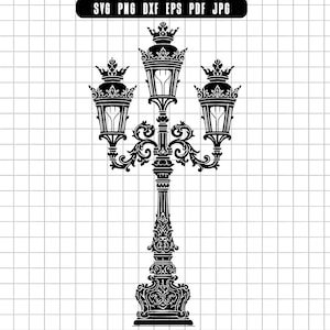 Vintage Ornate Street Lamp Post With Three Lanterns Decorative Vector Svg Png Dxf Eps Pdf Jpg