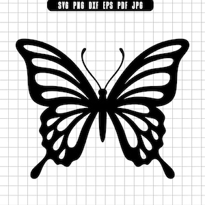May include: A black butterfly silhouette with detailed wing patterns. The image is a vector graphic, suitable for various design applications. The top of the image includes text: SVG PNG DXF EPS PDF JPG.