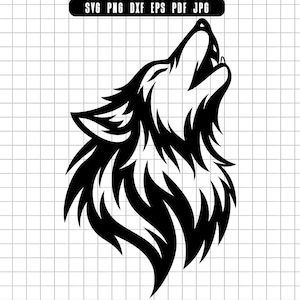 Puede incluir: Gráfico en blanco y negro de un lobo aullando. La cabeza del lobo está inclinada hacia atrás, con la boca abierta en un aullido. El diseño es una silueta con pelaje detallado y un fondo de cuadrícula.