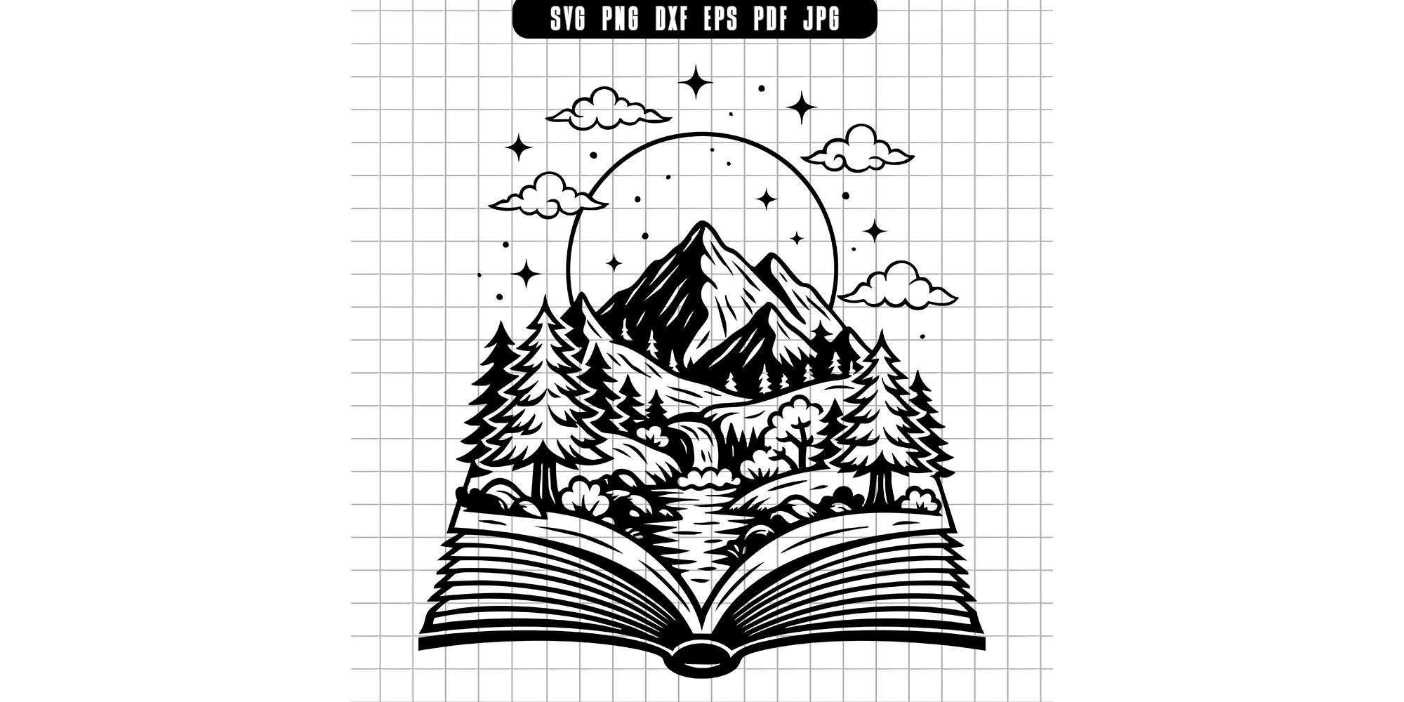 Mountain Book Svg, Nature Book Svg, Forest Landscape Svg, Mountain Scene Svg, Book Drawing Svg, Book Cut File Svg