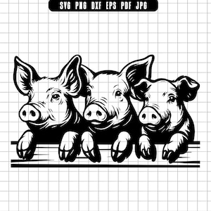 Three Pigs Svg, Pig Trio Svg, Pig Fence Svg, Pig Clipart Svg, Farm Animal Svg, Pig Cut File, Pig Svg File, Pig Silhouette