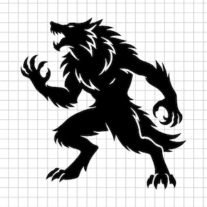 May include: A black silhouette of a werewolf in a menacing pose. The creature is depicted with sharp claws, a snarling mouth, and a muscular build, set against a grid background. The overall design is a stylized representation of a mythical beast.