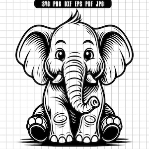May include: A black and white illustration of a cartoon elephant sitting down. The elephant has large ears, a long trunk, and big eyes. The image is a vector graphic, suitable for various applications.