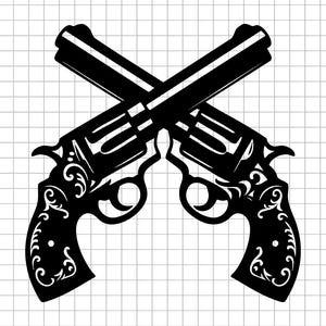 May include: Black graphic of two crossed revolvers with ornate, scroll-like detailing. The revolvers are set against a grid background. The image is a silhouette, with no color other than black.