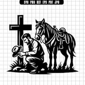 Cowboy Kneeling at Cross SVG, Western Memorial PNG, Cowboy and Horse DXF, Country Faith Cut File, Digital Clipart, Instant Download