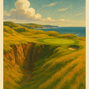 Calamity at Royal Portrush Golf Print – Vintage Style Golf Wall Art, Ireland Golf Course Poster, Coastal Landscape Artwork for Golf Lovers