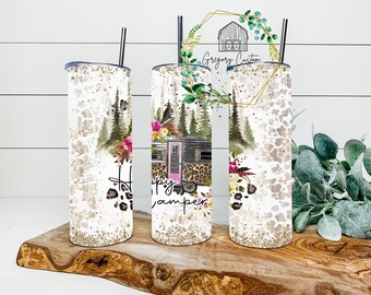 Happy Camper Leopard Print Flowers Tumbler 20oz Trees Camping Camper Tumbler with Straw