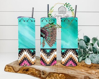 Pink and Teal Leopard Headdress Tumbler 20oz, Tumbler with Straw