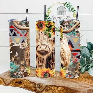 Highland Cow Animal Print Aztec Sunflower Tumbler 20oz Western Country Tumbler with Straw