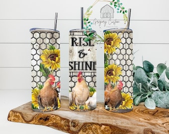 Rise and Shine Animal Print Tumbler 20oz, Chicken Tumbler with Straw