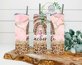 Teacher Appreciation Rainbow Leopard Print Tumbler 20oz #Teacherlife Glitter Tumbler with Straw