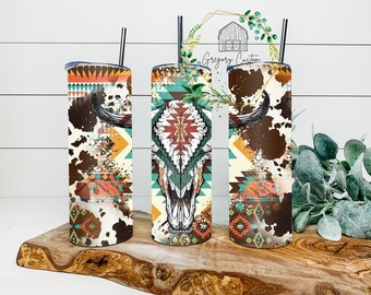 Hide Skull Aztec Tumbler 20oz, Cow print Tumbler with Straw
