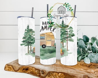 Happy Camper Tumbler 20oz Trees Camping Camper Tumbler with Straw
