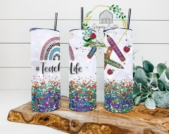 Teacher Appreciation Pencil Tumbler 20oz #Teacherlife Color Glitter Tumbler with Straw