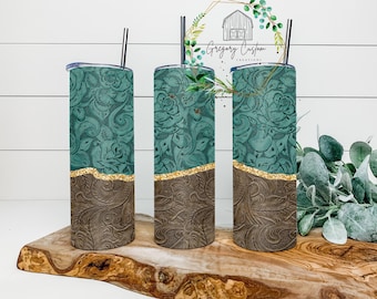 Teal Gold Agate Leather Tumbler 20oz, Western Leather Tumbler with Straw