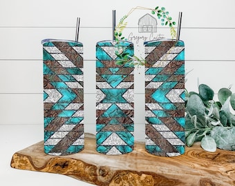 Teal Geometric Print Design Aztec Tumbler 20oz, Turquoise Leather Tumbler with Straw