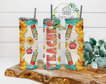 Apple Teacher Appreciation Pencil Tumbler 20oz Sunflower Tie Dye Tumbler with Straw