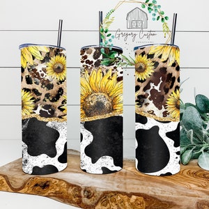 Sunglower Cowprint Leopard Animal Print Tumbler 20oz, Western  Tumbler with Straw