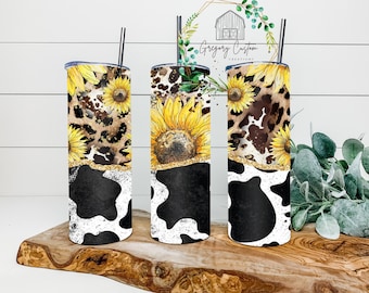 Sunglower Cowprint Leopard Animal Print Tumbler 20oz, Western  Tumbler with Straw