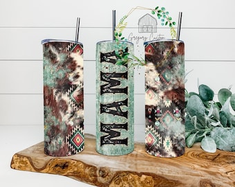 MAMA Cowhide Aztec Print Tumbler 20oz Teal Tumbler with Straw