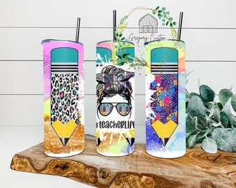 Teacher Appreciation Pencil Tumbler 20oz #Teacherlife Color Tumbler with Straw