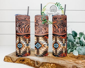 Leather Print Design Aztec Tumbler 20oz, Tumbler with Straw