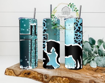 Cowgirl Kneel with Horse Animal Print Tumbler 20oz, Cross Tumbler with Straw Cowboy Prayer