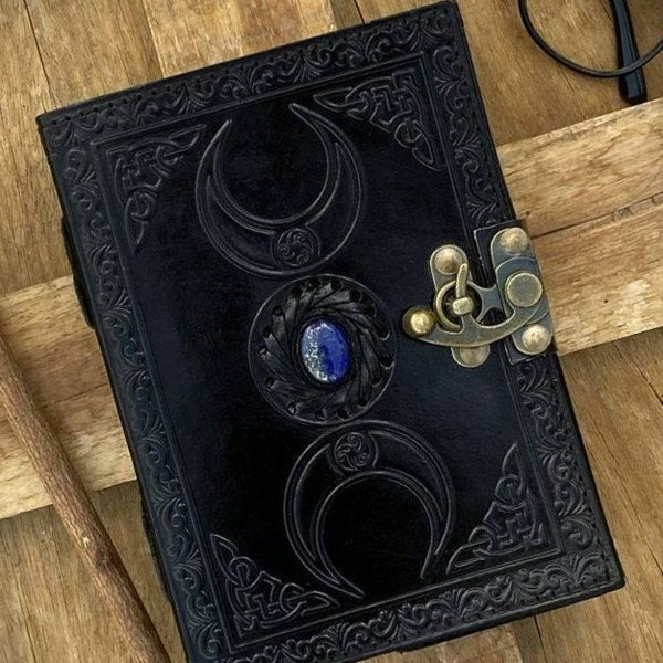 Antique Triple Moon Goddess Leather Journal, spell book of shadow Grimoire Deckle Paper, Third Eye Crystal Stone, Gifts For him her