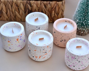 Set of Natural Soy Candle with Terrazzo Concrete Pot, Soy Candle with Decorative Cement Pot