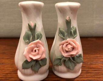 Porcelain Sculptured Roses Vase Style Shakers Salt and Pepper Shakers