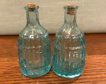 Tiny Light Blue Pressed Glass Bottles Salt and Pepper Shakers