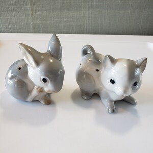 May include: A set of two ceramic salt and pepper shakers shaped like a rabbit and a cat. The rabbit is gray and white with a brown nose and black eyes. The cat is white and gray with black eyes. Both shakers have holes on the top for dispensing salt and pepper.
