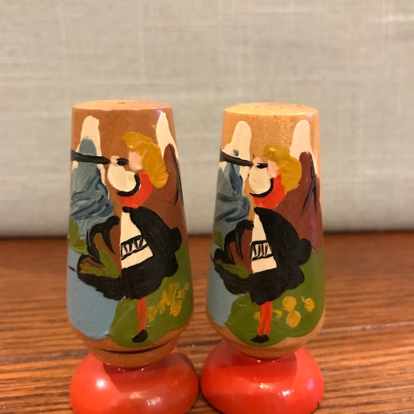 Hand-Painted Wood Pedestal made in Norway Salt and Pepper Shakers
