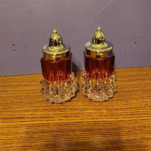 Cranberry Indiana Glass Diamond Point Kings Crown Cap Salt and Pepper Shakers