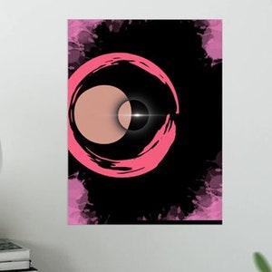 May include: Abstract art print featuring a pink circle with a black circle inside, on a black background with pink watercolor accents.