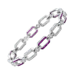 Pink Red Ruby & Diamond Art Deco Style Inspired Link 18k White Gold Bracelet