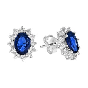 Oval Shape Cut Blue Sapphire & Diamond Halo Set Stud 14k White Gold Earrings