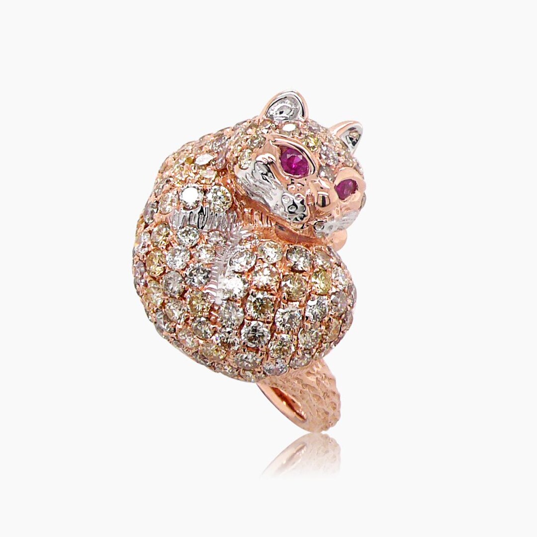 Cat Kitten Ruby & Diamond Pave 18k Rose White Gold Animal Ring - Etsy