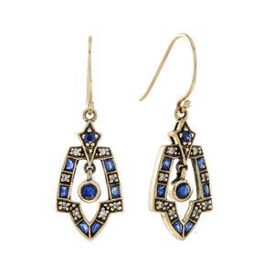 Vintage Style Blue Sapphire & Diamond Dangle 9k Gold Dangle Drop Earrings