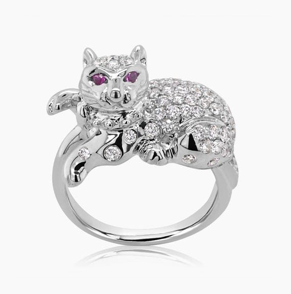 Diamond Pave Ruby Eyes Cat Kitten 18k White Gold Statement