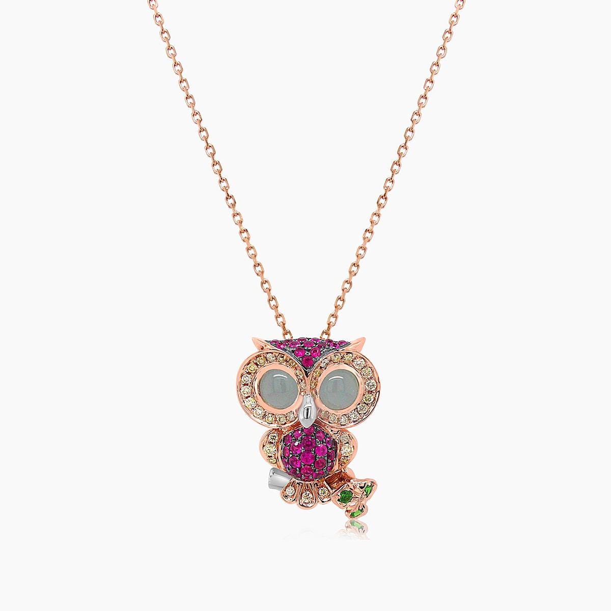 Owl Bird Ruby Diamond Aquamarine & Garnet 18k Rose Gold Pendant Necklace