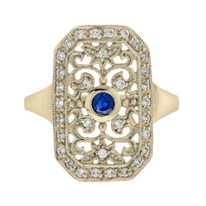 Blue Sapphire & Diamond Vintage Style Filigree 14k Yellow Gold Shield Ring