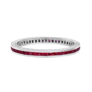 Slim French Cut Red Ruby Art Deco Style Channel Set Eternity Band 14k White Ring