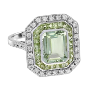 Rectangle Green Amethyst & Peridot Diamond Art Deco Style 14k White Gold Ring