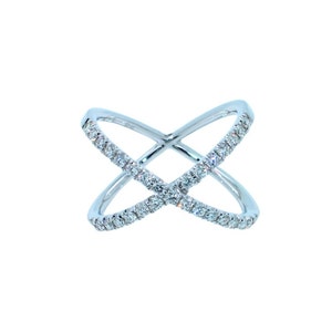 Brilliant Cut White Diamond X Criss Cross Pave Cocktail Fashion Open Bypass 14 Karat White Gold Unique Ring