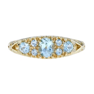 Blue Topaz Vintage Style Three Stone Cluster Filigree 14k Yellow Gold Ring