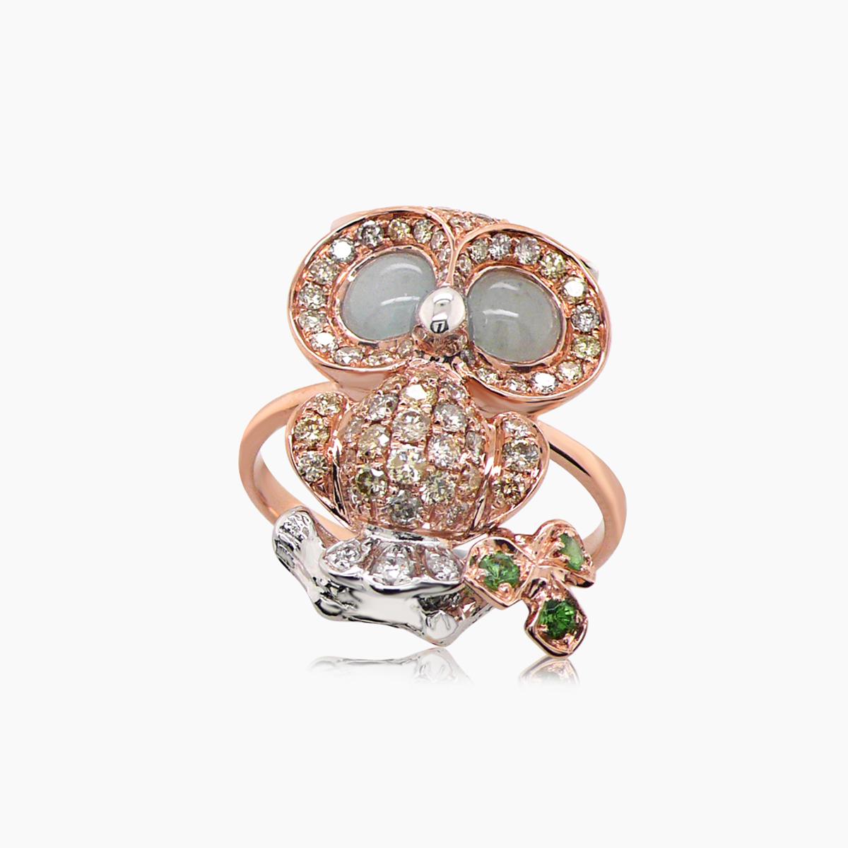 Owl Bird Fancy Diamond Aquamarine Garnet & White Diamond 18k Rose Gold Ring