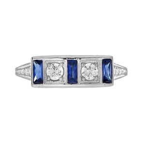 Diamond & Blue Sapphire Antique Style 14k White Gold Ring