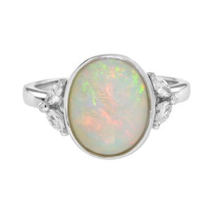 Oval Shape Ethiopian Opal & Diamond Solitaire 14k White Gold Statement Ring
